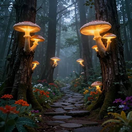 Photograph of a mystical forest path lined with glowing, orange mushrooms, surrounded by colorful flowers and foggy trees.