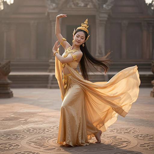 Photograph of an Asian woman in a golden, flowing dress and crown, dancing gracefully in front of an ancient temple.
