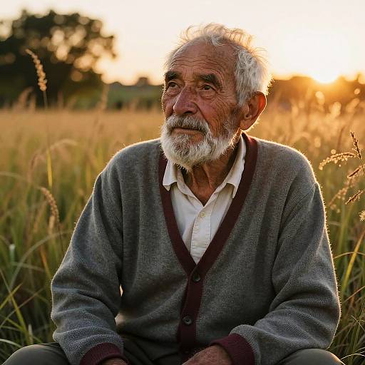 Photograph of an elderly Indian man with white hair and beard, wearing a gray cardigan over a white shirt, sitting in a sunlit grass field
