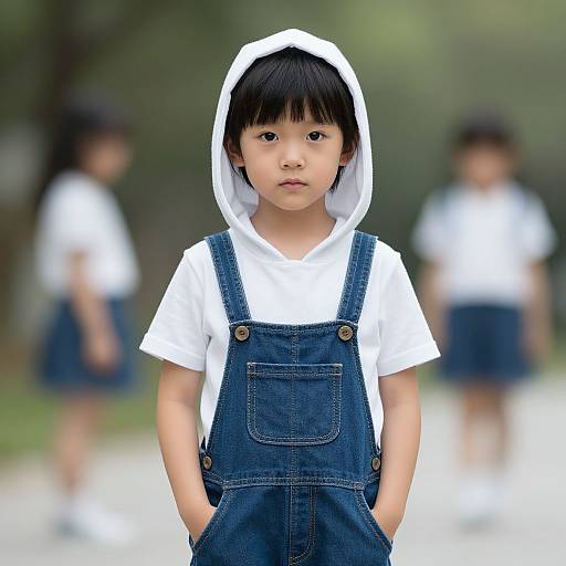 Photograph of an Asian preschooler with black hair, wearing a white shirt and blue denim overalls, hood up, standing in a blurred outdoor park