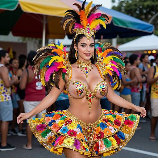 Photograph of a Latina woman in vibrant, colorful Carnival costume with feathered headdress, flower-embellished bra and skirt, exposing large breasts