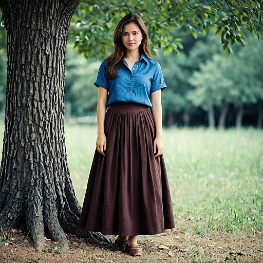 Woman in Long Brown Skirt and Blue Shirt Outdoors