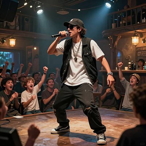 Photograph of a young male rapper performing on stage, wearing a black cap, white tee, black vest, and jeans, holding a microphone, with