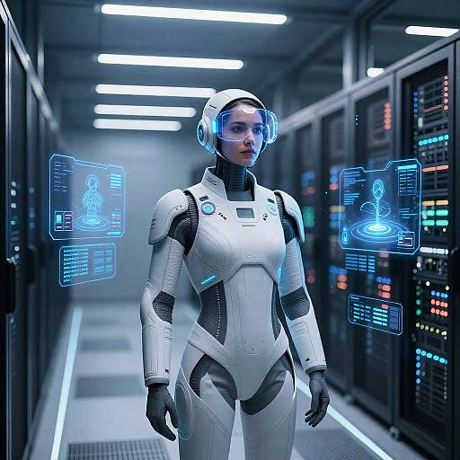 Futuristic Guard in Neon Data Center