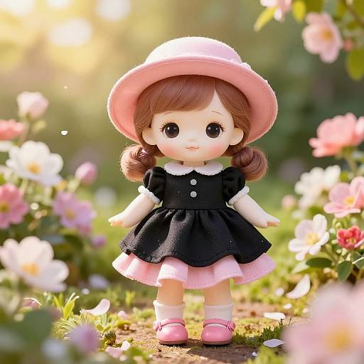 Photograph of a doll with brown pigtails, pink hat, black dress, white sleeves, pink skirt, and pink shoes, standing in a