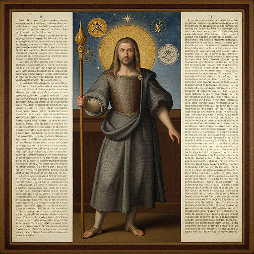 Photograph of a religious painting depicting a long-haired, bearded man in a gray robe, holding a golden staff, with a gold halo and celestial