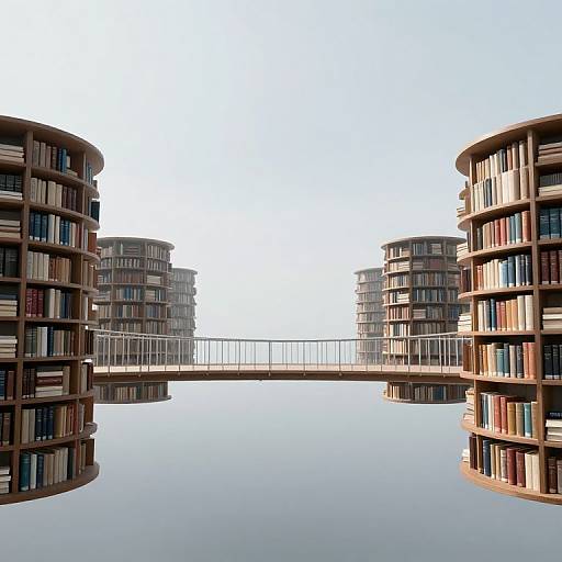 Photograph of a serene urban scene featuring two cylindrical, modern library buildings with book-filled shelves, connected by a sleek pedestrian bridge over a calm, reflective