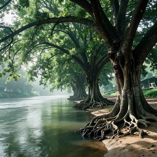 Photograph of a serene riverbank with large, gnarled trees shading the water, their roots exposed on the sandy shore. Sunlight filters through