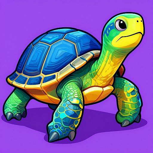 Vibrant, cartoon-style turtle with blue, yellow, and green shell, large eyes, and detailed scales, standing on purple background. Digital art