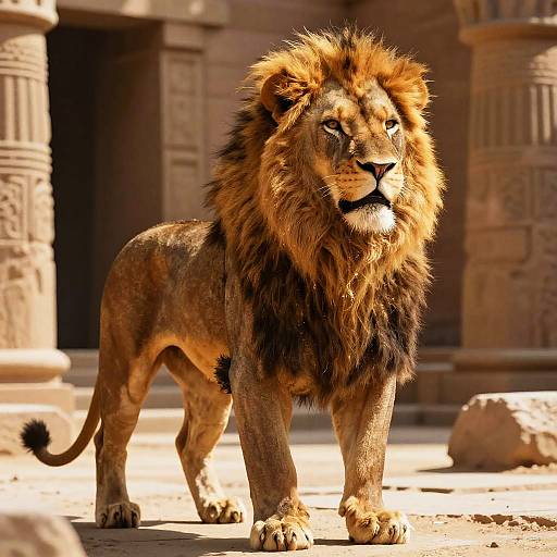 Photograph of a majestic male lion with a lush, golden mane, standing confidently in front of ancient, sunlit stone pillars.
