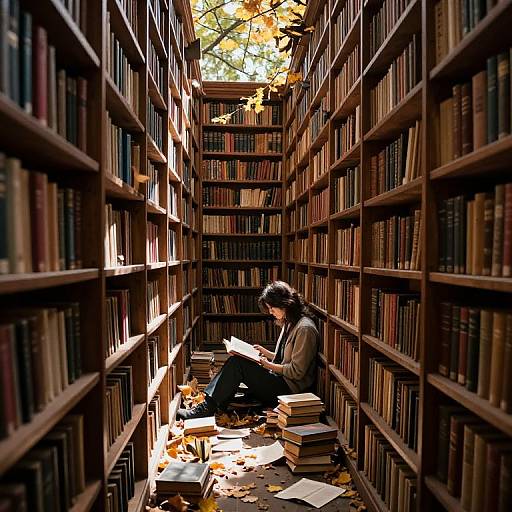 Mysterious Sunlit Library Aisle