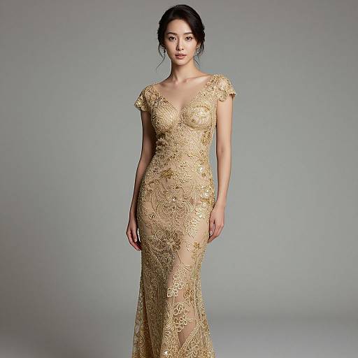 Asian woman in a gold, lace, form-fitting evening gown with short sleeves, standing against a plain gray background, looking forward.