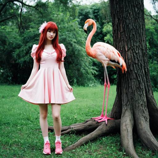 Girl in Pink Dress with Flamingo Outdoors