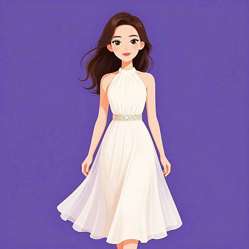Digital anime-style drawing of a young woman with long brown hair, wearing a white halter dress with a beaded waist, against a solid purple background