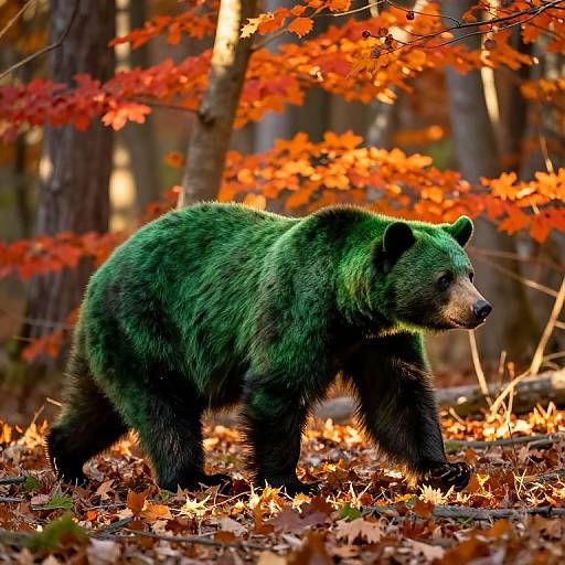 Photograph of a vibrant green bear walking through a forest with bright orange autumn leaves, surrounded by fallen leaves and sunlight filtering through the trees.