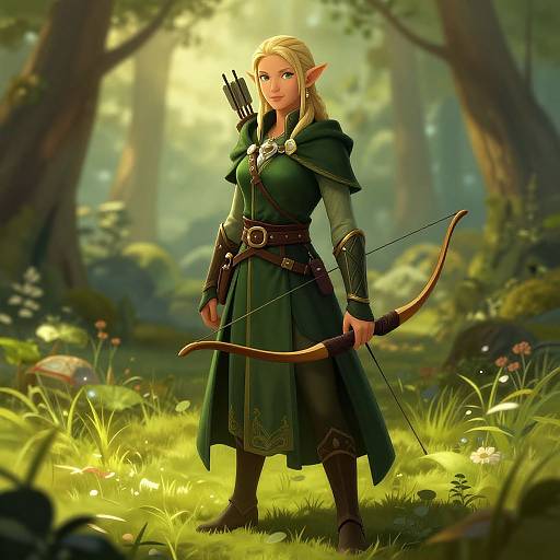 Digital fantasy artwork of a blonde, elf woman with pointed ears, wearing a green cloak and holding a bow in a sunlit forest.