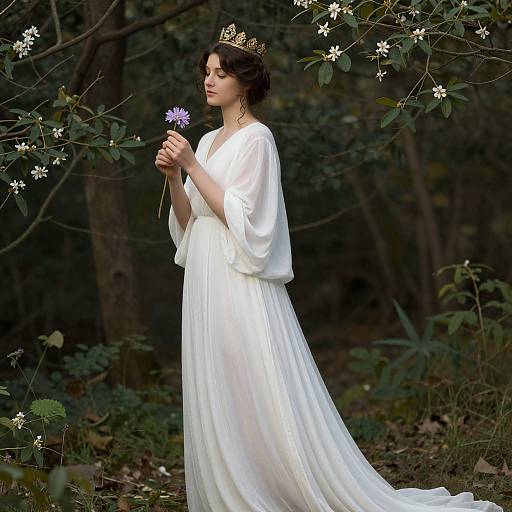 Photograph of a fair-skinned woman with dark curly hair, wearing a white flowing gown and gold crown, holding a lavender flower in a dark forest