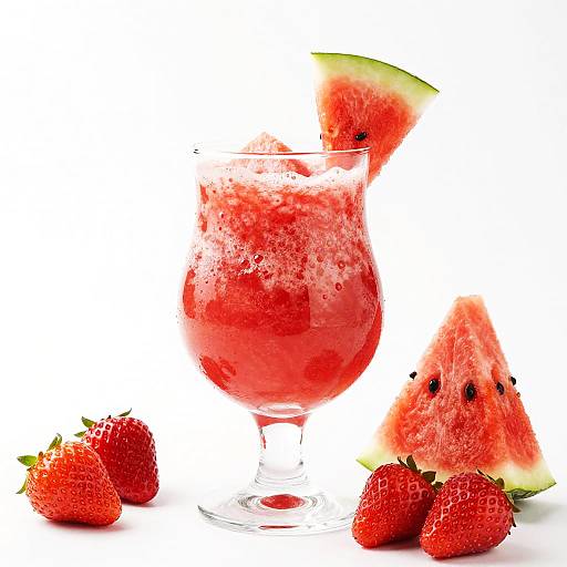 Photograph of a vibrant red watermelon smoothie in a glass, garnished with a watermelon slice and black seeds, accompanied by fresh strawberries and