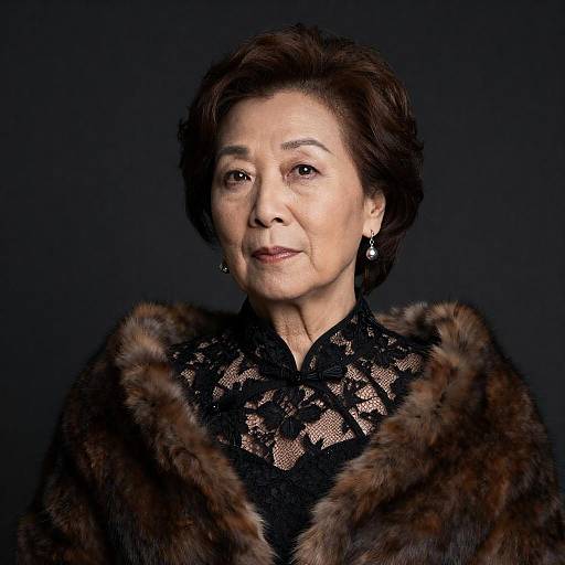Elegant older woman in black lace and fur stole