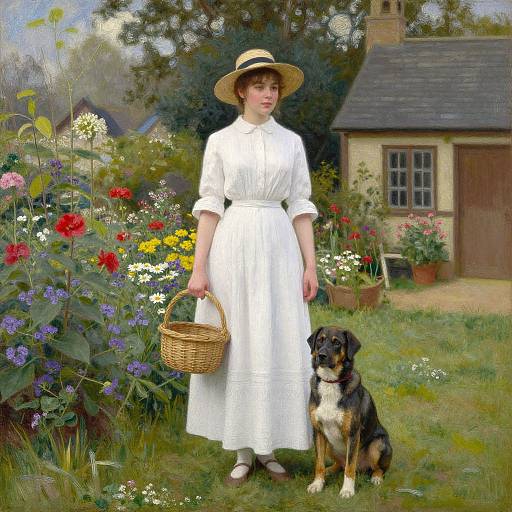 Photograph-style painting of a young woman in a white dress and straw hat, holding a wicker basket, standing with a black and white dog in