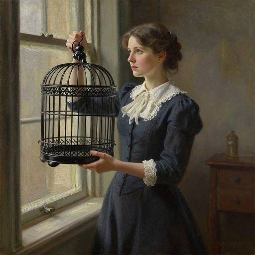 Victorian-era woman in dark blue dress with white lace collar, holding black birdcage by window, sunlight illuminating her profile.