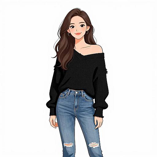 Digital illustration of a smiling young woman with long brown hair, wearing an off-shoulder black sweater and ripped blue jeans.