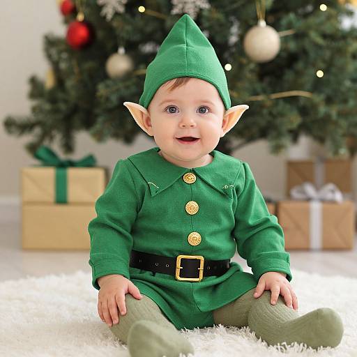 Photograph of a smiling baby with elf costume, green outfit, pointed ears, sitting on white rug, Christmas tree and gifts in background.