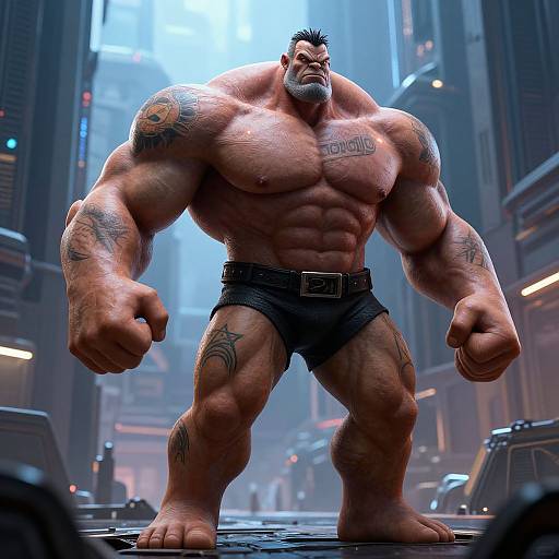 CGI image of a muscular, tattooed man with short black hair, wearing black shorts, standing in a futuristic, neon-lit city street.