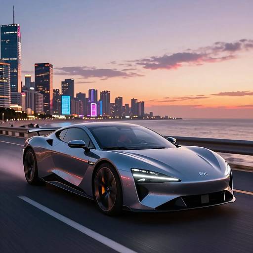 Photograph of a sleek, silver sports car with glowing headlights driving on a coastal highway at sunset, modern city skyline with colorful illuminated buildings in the background