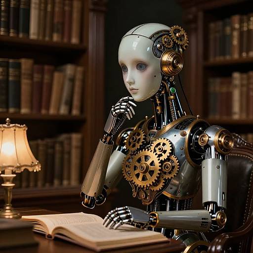 Steampunk Robot Reading in Vintage Library