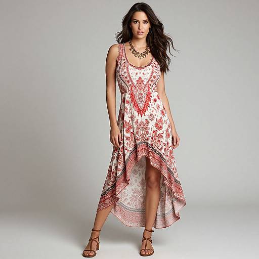 Photograph of a dark-haired woman in a red and white patterned, sleeveless, asymmetrical dress, wearing strappy sandals and a gold necklace