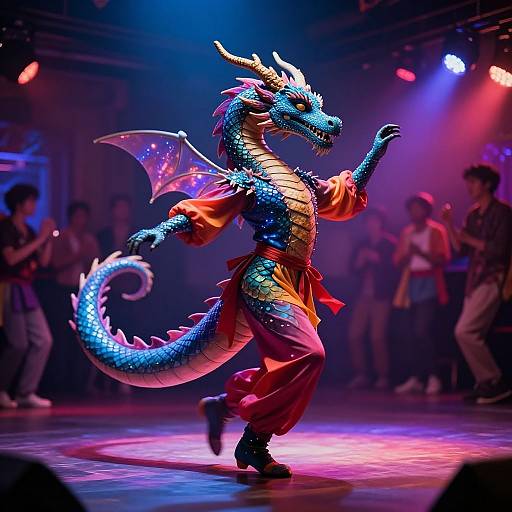 Photograph of a vibrant, blue-scaled dragon in colorful, flowing clothing dancing on stage under purple and blue lights, with a blurred audience in the