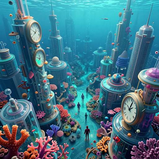 Underwater cityscape with towering clock towers, colorful corals, and silhouetted divers, illuminated by blue light, in a vibrant, surreal