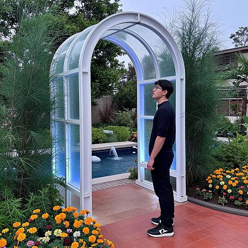 Photograph of an Asian man with glasses, black shirt, and shoes, standing in a white glass archway, looking at a garden with flowers and