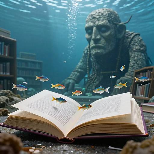 Surreal Librarian Reading Fish-Pages