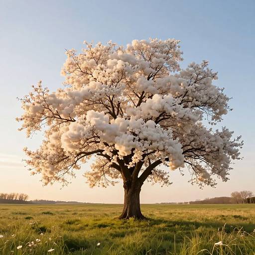Photograph of a blooming cherry tree with white flowers, centered in a grassy field, under a clear blue sky at sunset.