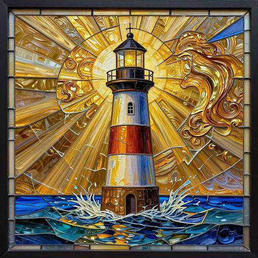 Vibrant stained glass artwork of a lighthouse with golden sunburst, swirling clouds, and crashing blue waves, framed in black.