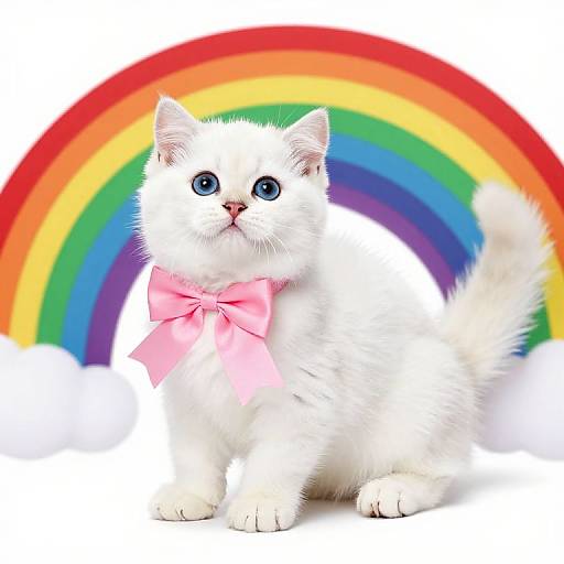 Cute Fluffy Kitten with Rainbow Background