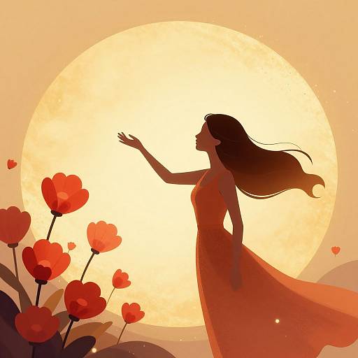 Silhouetted woman in flowing orange dress, reaching out towards glowing sun, surrounded by red heart-shaped flowers, digital art.