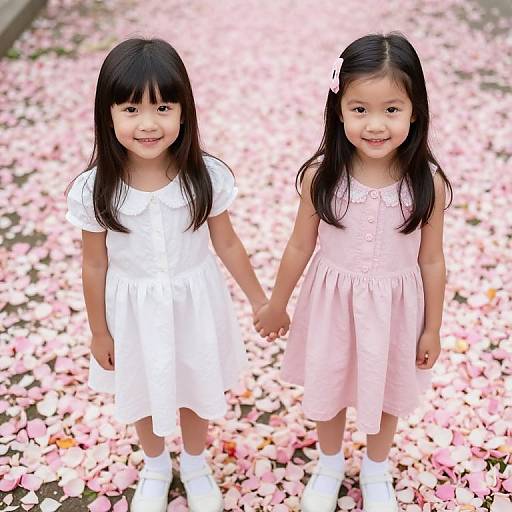 Photograph of two young Asian girls holding hands, standing on a pink cherry blossom-covered ground; one wears a white dress, the other a pink dress