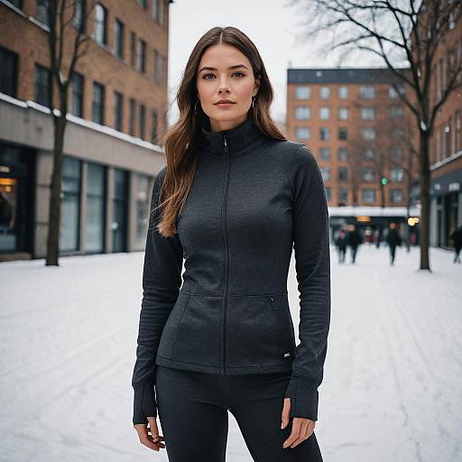 Woman in Charcoal Grey Athleisure Outfit in Snowy Urban Park