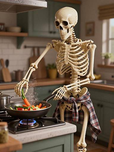 Skeleton Chef in a Rustic Kitchen