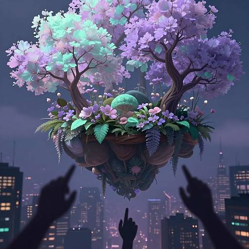 Digital artwork of a floating, blooming tree with purple and white flowers, surrounded by greenery, seen over a dark, futuristic cityscape with sil