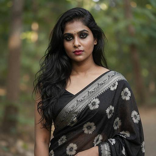 Woman in Black Saree, Sunlit Forest