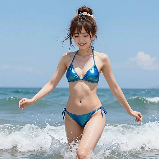 Asian woman in shiny blue bikini smiling, standing in shallow ocean waves, hair in bun, clear blue sky, sunny day.