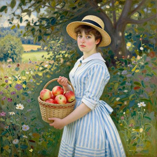 Photorealistic painting of a young woman in a blue-striped dress and straw hat, holding a basket of red apples in a sunny, floral meadow
