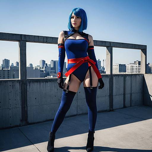 Woman in Blue and Red Cosplay Bodysuit on Rooftop