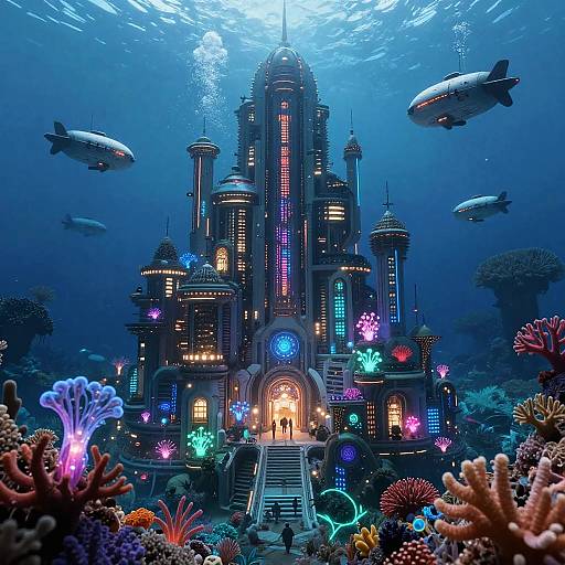Underwater futuristic castle with vibrant neon lights, surrounded by colorful corals and flying fish, illuminated from the inside, with two figures at the entrance.