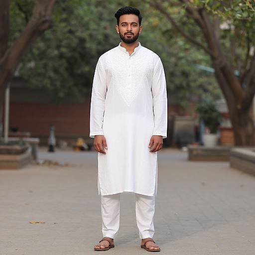 Photograph of a bearded South Asian man with short black hair, wearing a white traditional long kurta and pants, standing on a paved path with