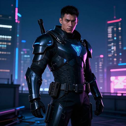Photorealistic CGI of a muscular man in black, futuristic armor with neon accents, standing confidently in a neon-lit cityscape at night.